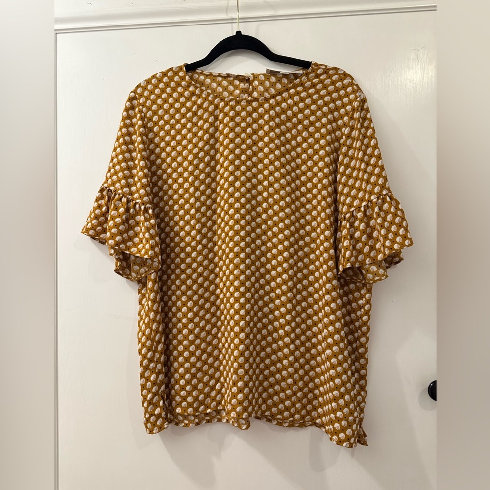 LOFT Mustard Polka Dot Ruffle Sleeve Blouse